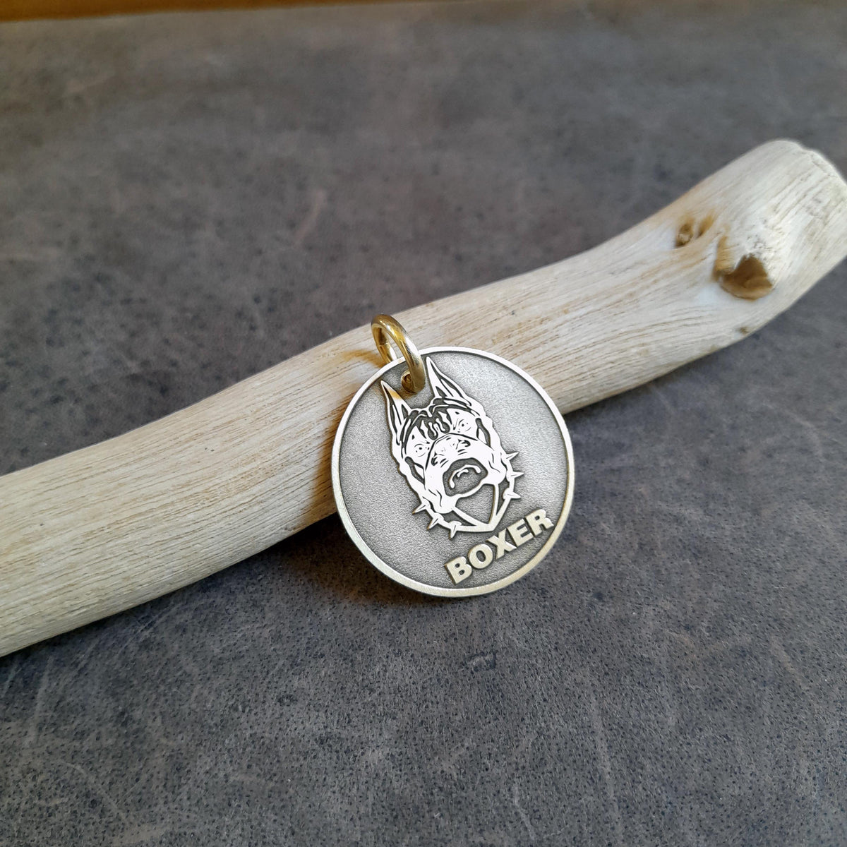 The Spirited Boxer Token | Artisan Breed Pet ID & Custom Engraved Dog Tag, close-up detail