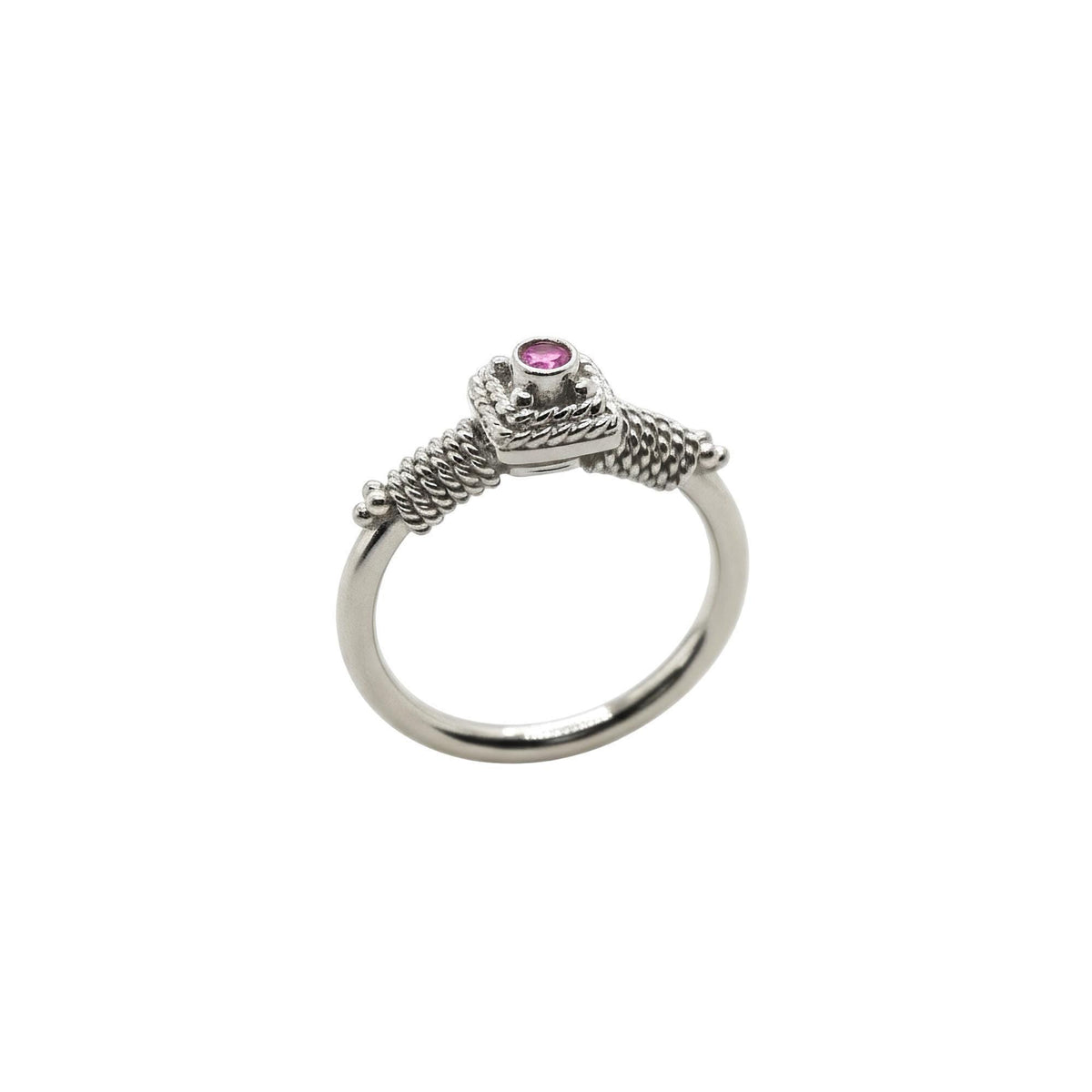 Ancient Greek Garnet Ring | Archaic Granulation Band, in White Gold Plated finish