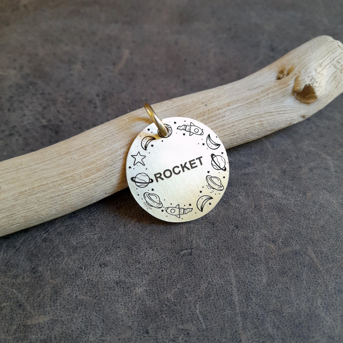 The Voyager Token | Artisan Rocket Pet ID & Custom Engraved Dog Tag, close-up detail