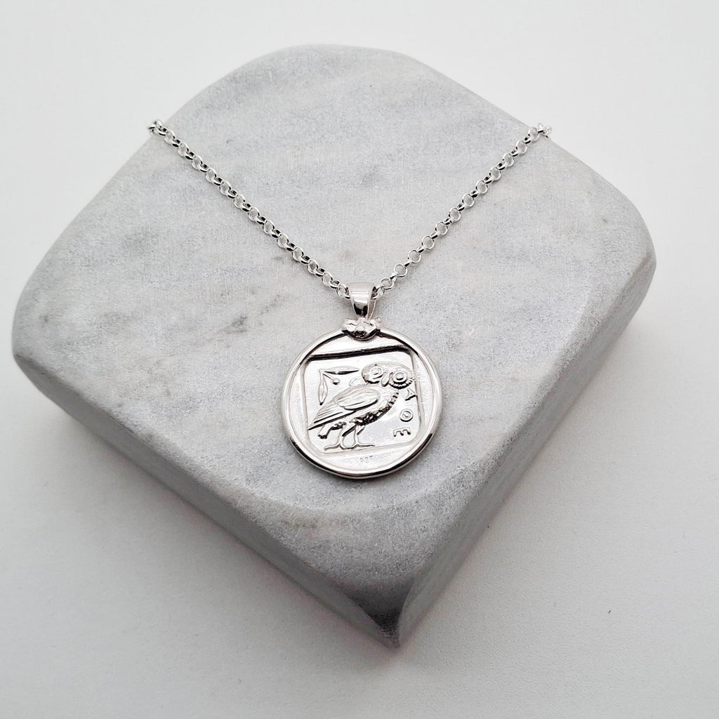 Athenian Owl Tetradrachm Necklace | Ancient Greek Wisdom Coin, alternate angle