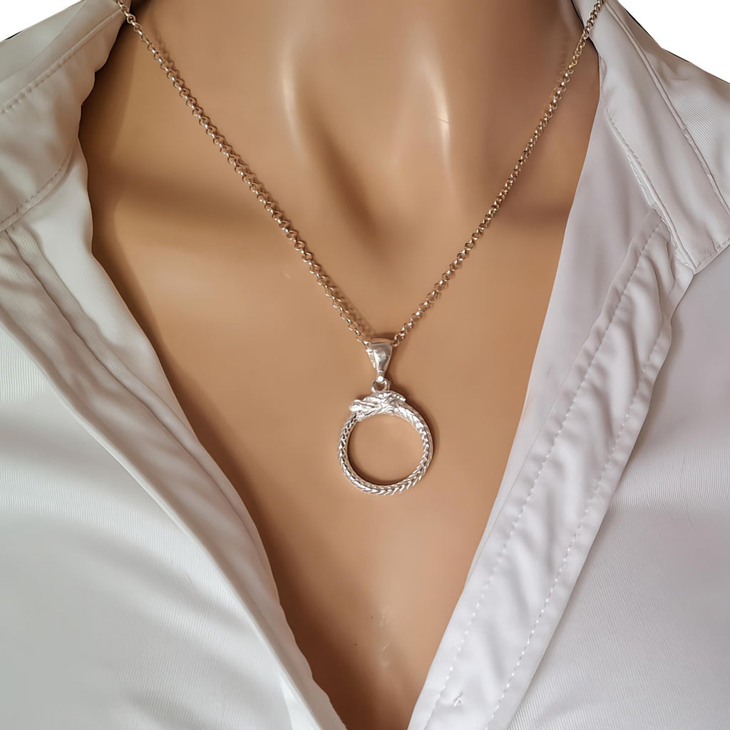 Ouroboros Dragon Necklace, Sterling Silver (Eternity Symbol Pendant), styled view