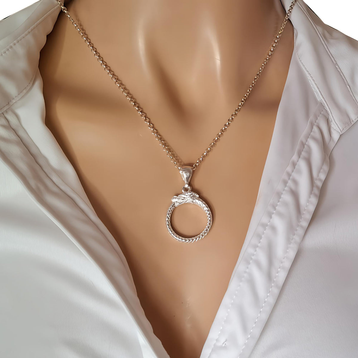Ouroboros Dragon Necklace, Sterling Silver (Eternity Symbol Pendant), styled view