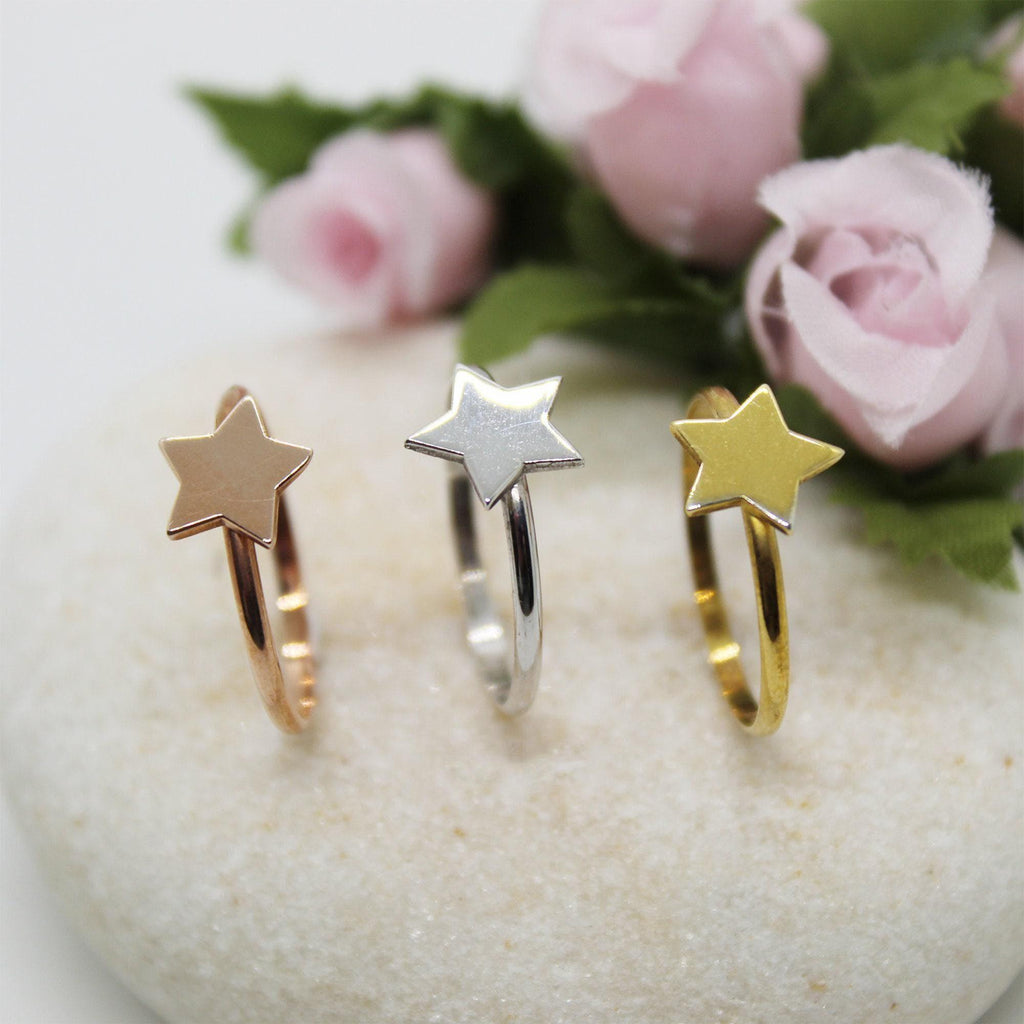 Dainty 14K Gold Star Ring | Minimalist Celestial Stacking Band | Solid Gold Wishing Star, styled view