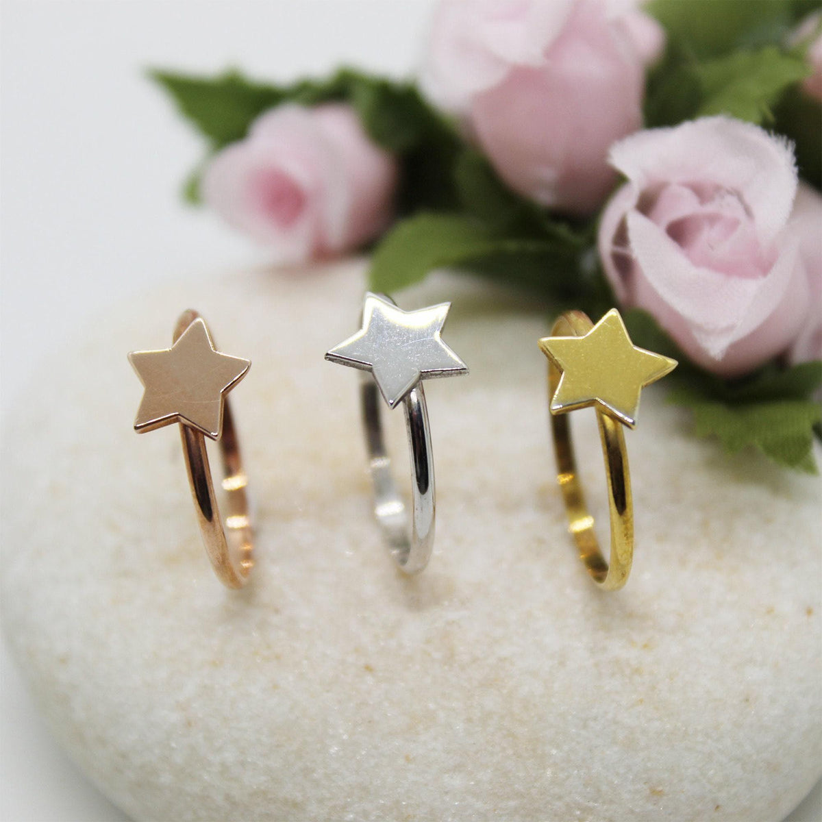 Dainty 14K Gold Star Ring | Minimalist Celestial Stacking Band | Solid Gold Wishing Star, styled view