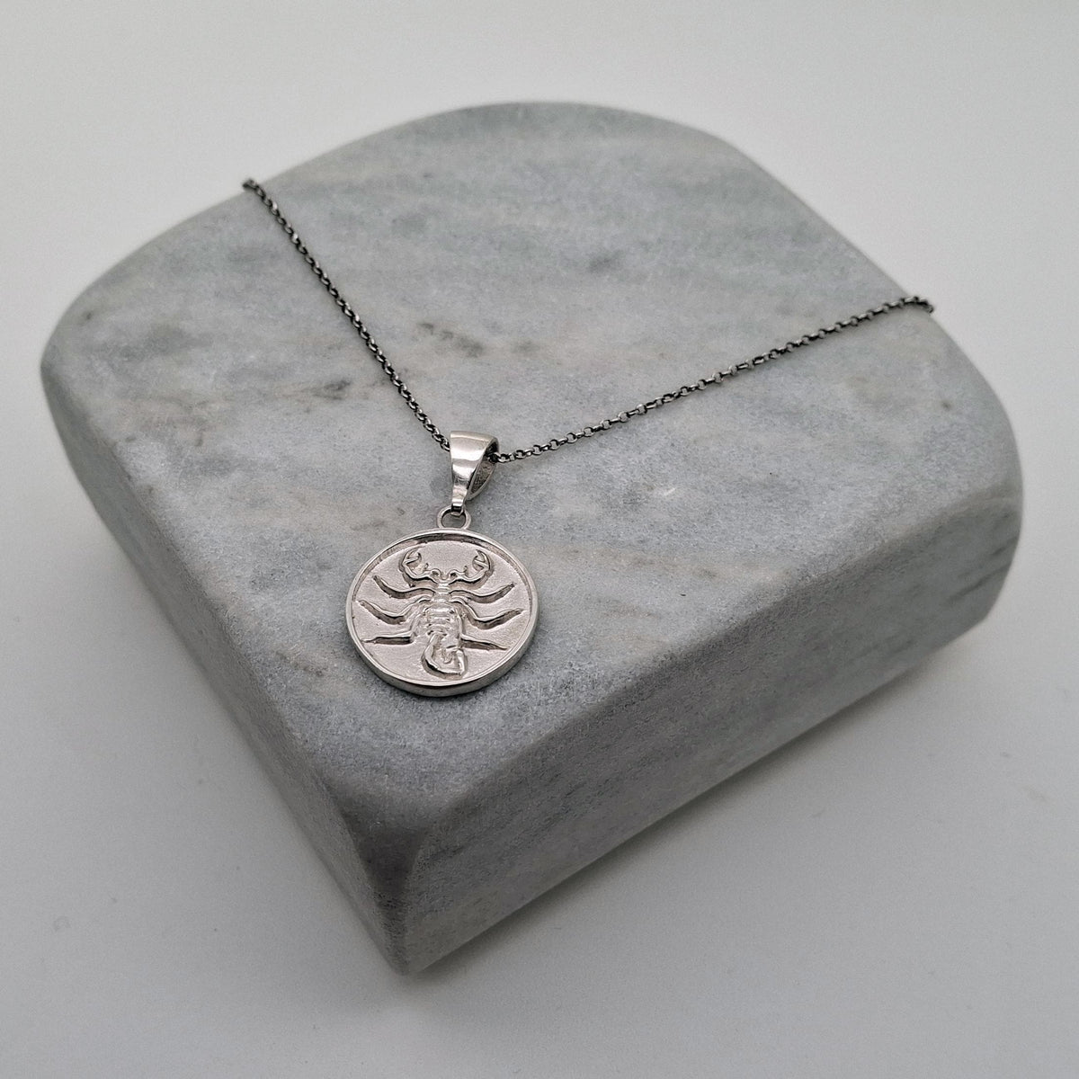 Scorpion Medallion Necklace | Scorpio Zodiac Talisman, close-up detail