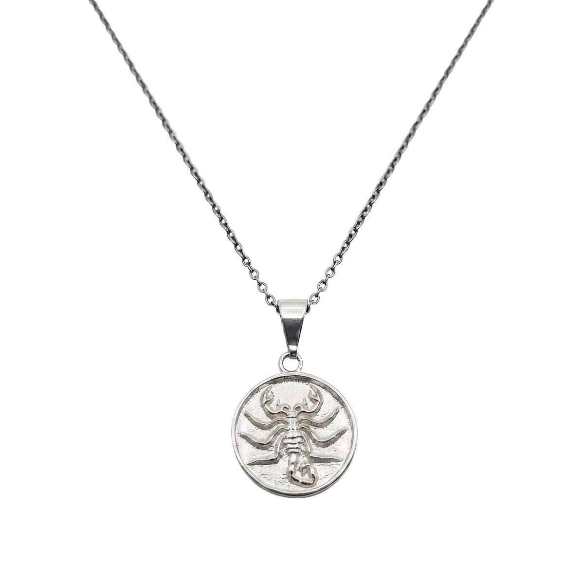 Scorpion Medallion Necklace | Scorpio Zodiac Talisman, in White Gold Plated finish