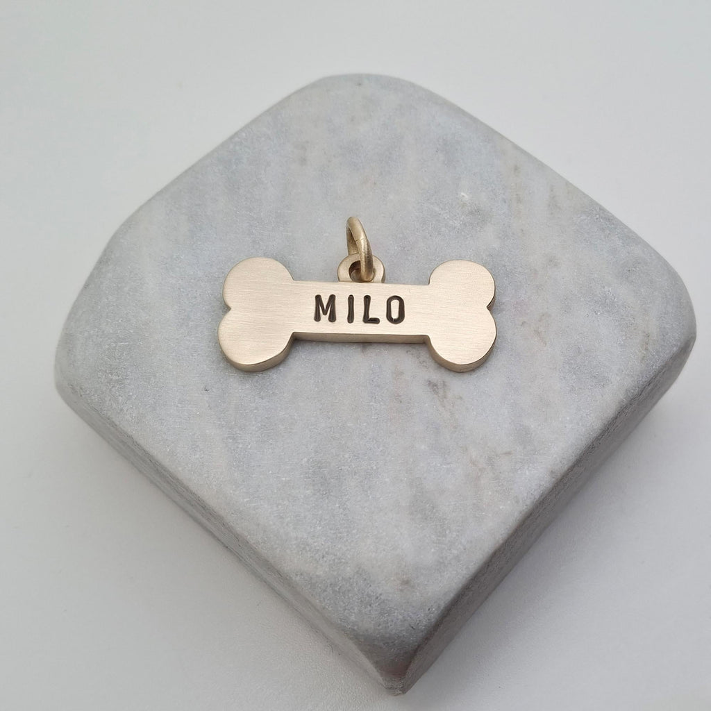 The Mighty Bone Token | Heavy-Gauge Solid Brass Big Bone Pet ID Tag, styled view