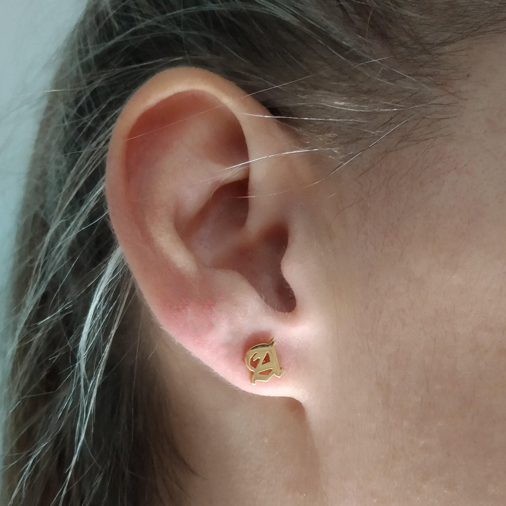 Initial Stud Earrings | Old English Lettering, styled view