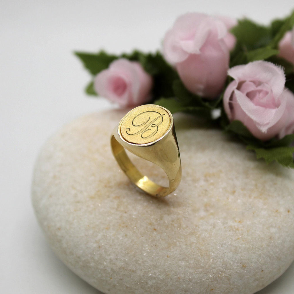 Sterling Silver Signet Ring | Custom Initial Engraved Oval Chevalier, additional detail