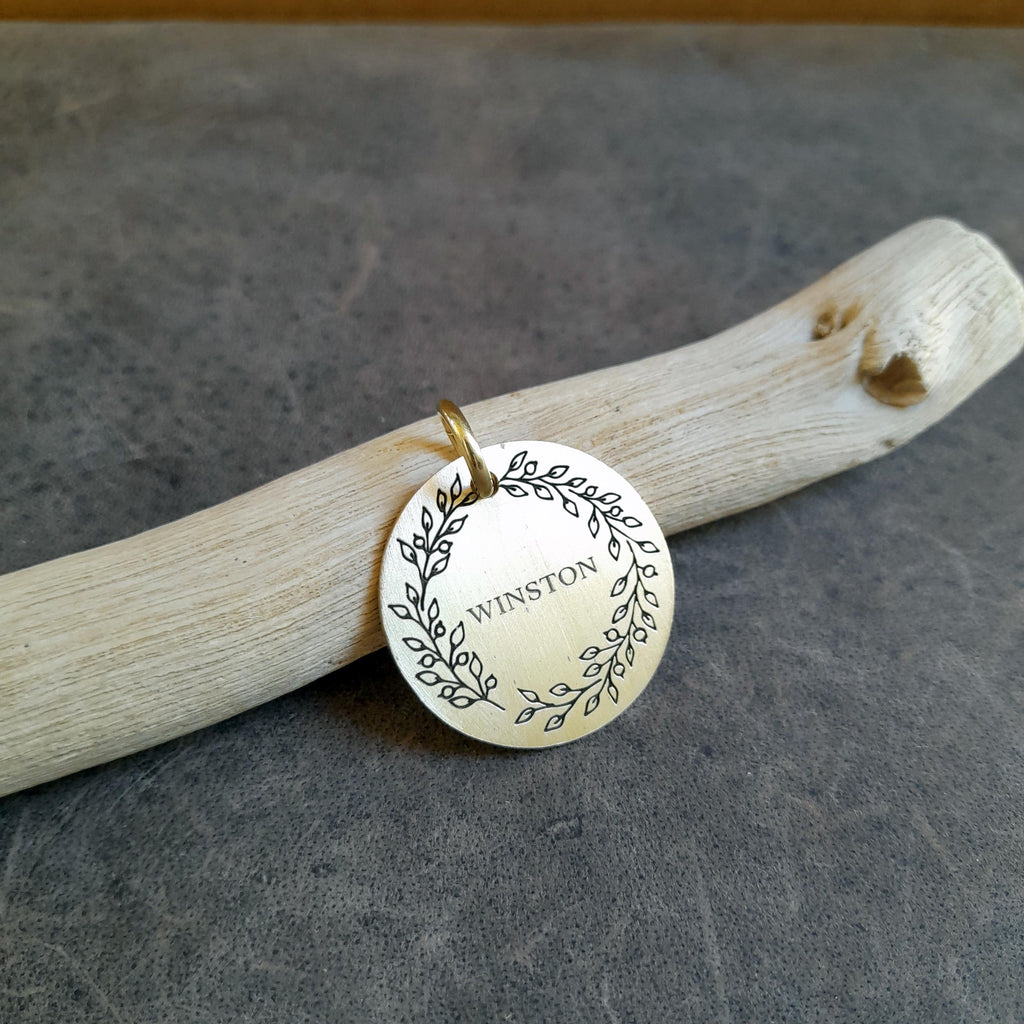 The Wildflower Token | Artisan Floral Branch Pet ID & Custom Engraved Dog Tag, close-up detail
