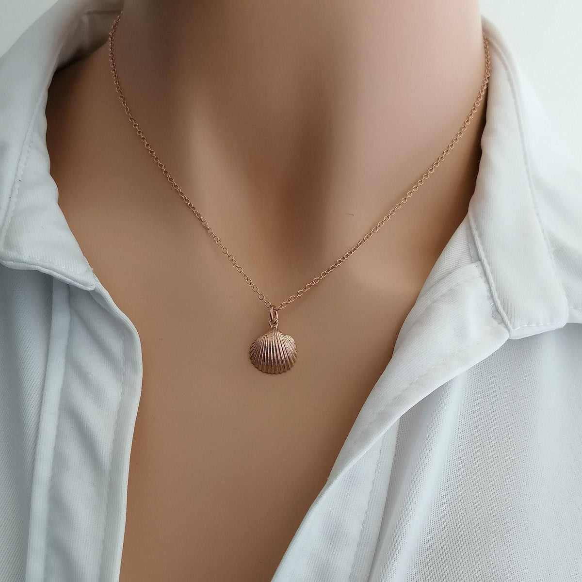 Seashell Charm Necklace | Solid Gold Ocean Talisman | 14K Heirloom Jewelry, styled view