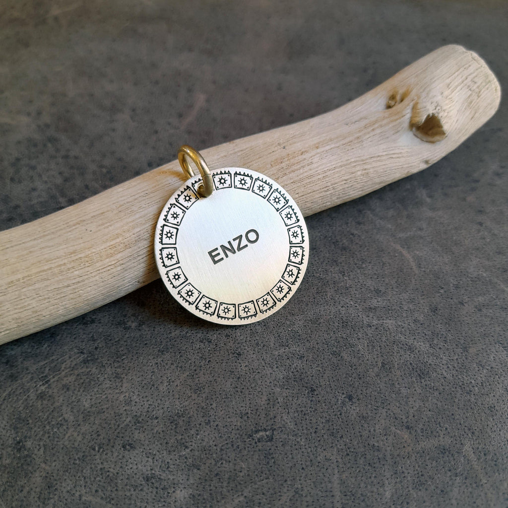 The Bohemian Starlight Token | Artisan Boho Pet ID & Custom Engraved Dog Tag, close-up detail