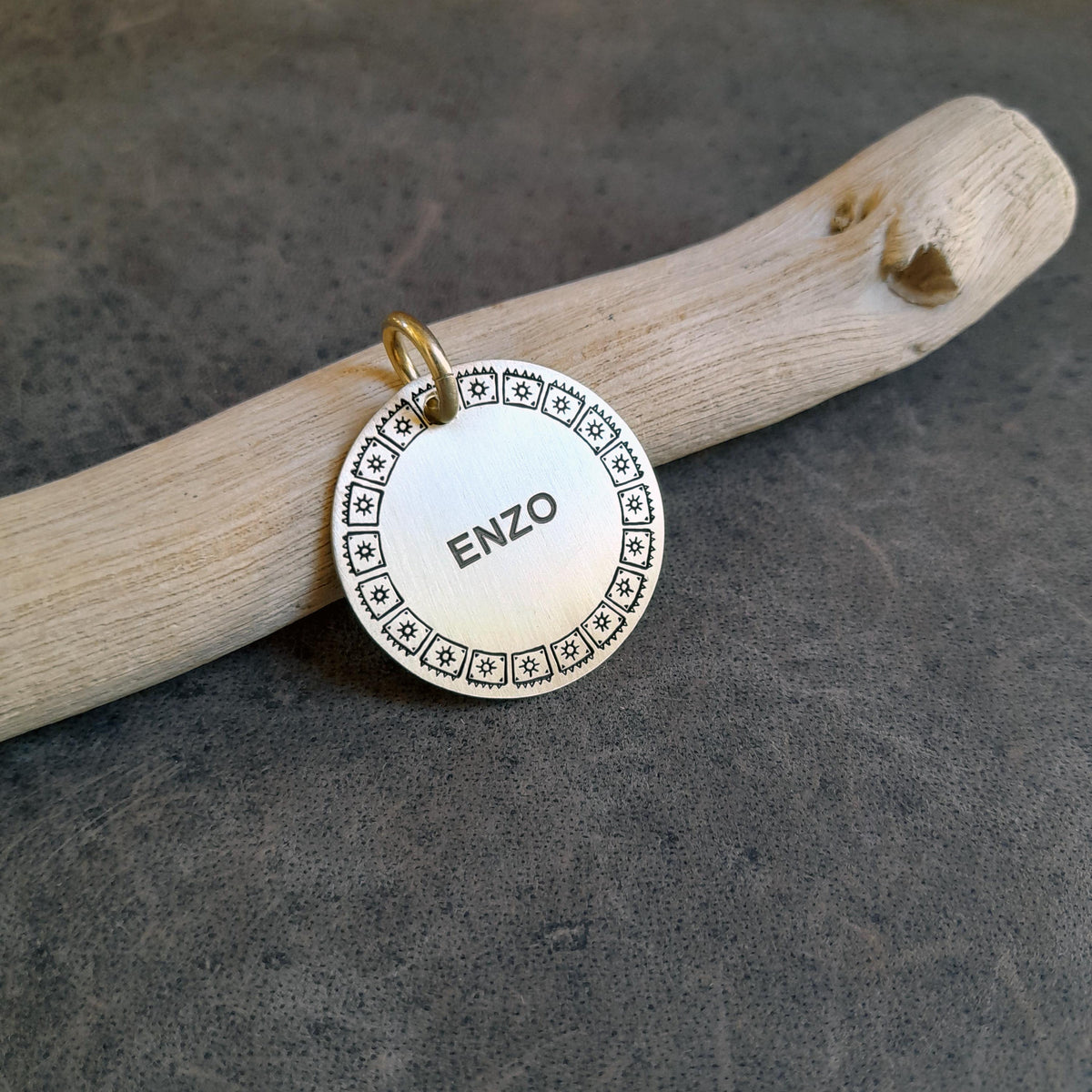 The Bohemian Starlight Token | Artisan Boho Pet ID & Custom Engraved Dog Tag, close-up detail