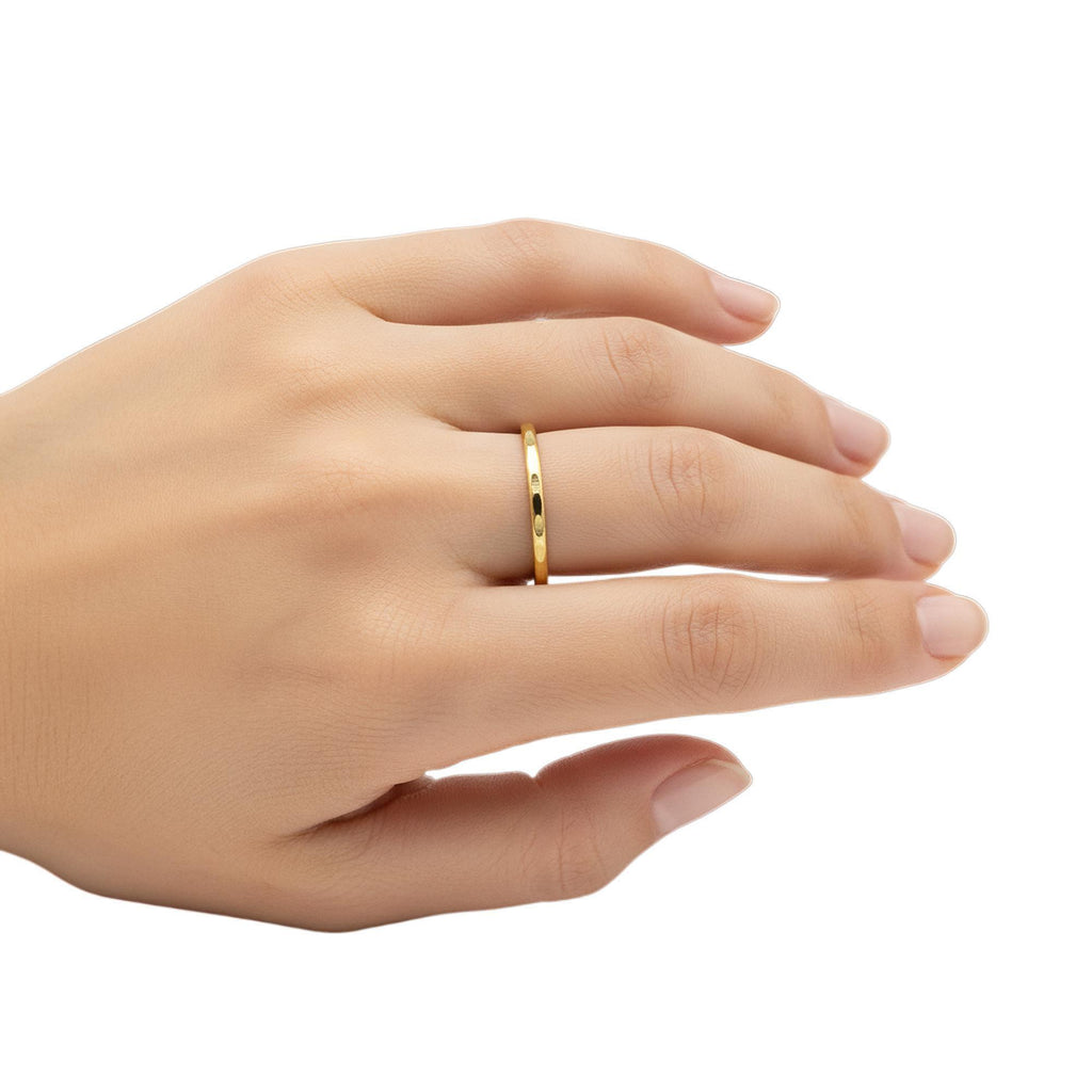 Hammered 14K Gold Wedding Band | Dainty Unisex Stacking Ring | Solid Gold Promise Band, close-up detail
