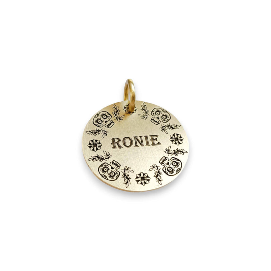 The Calavera Wreath Token | Artisan Floral Sugar Skull Pet ID & Custom Engraved Dog Tag, styled view