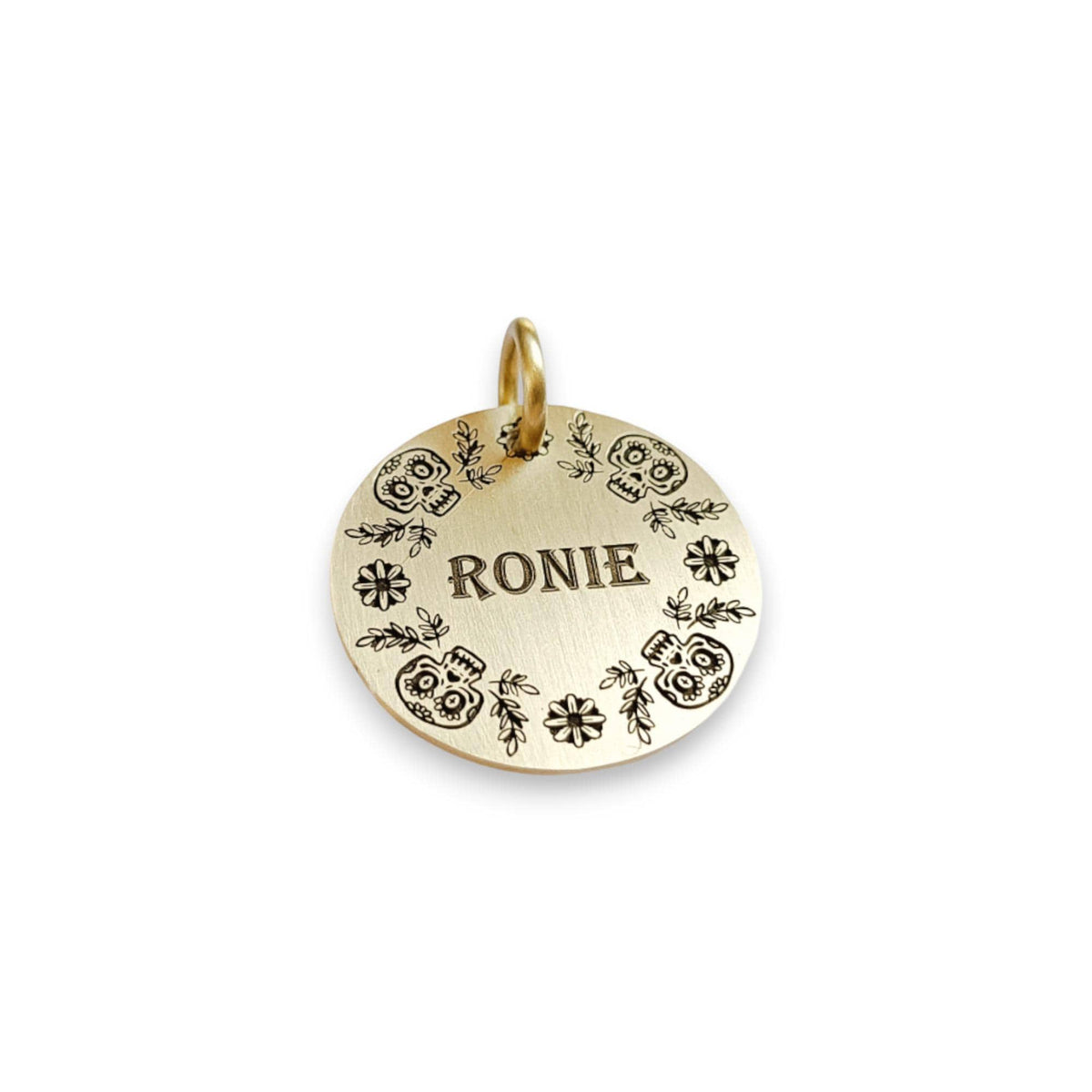 The Calavera Wreath Token | Artisan Floral Sugar Skull Pet ID & Custom Engraved Dog Tag, styled view