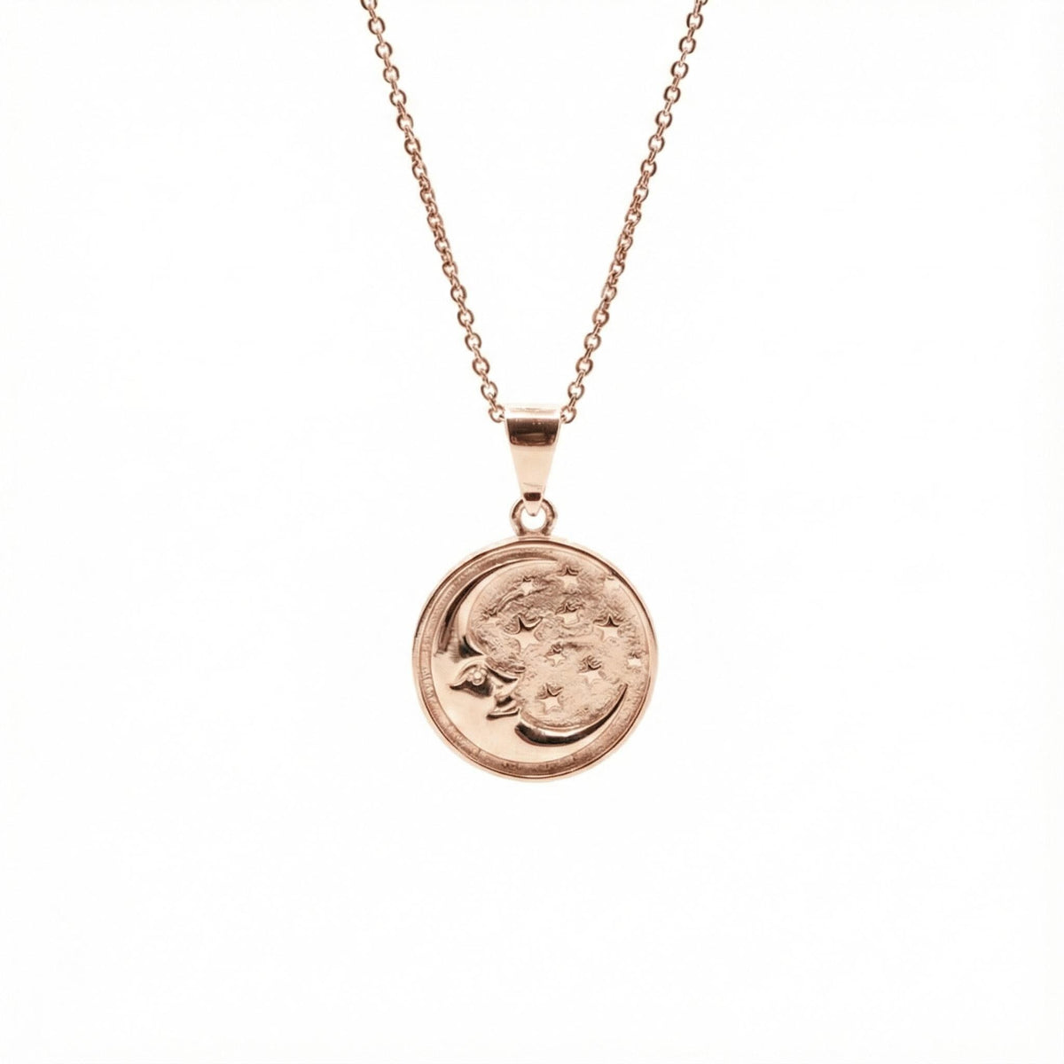 Celestial Medallion Necklace | Moon & Stars Talisman, in Rose Gold Plated finish