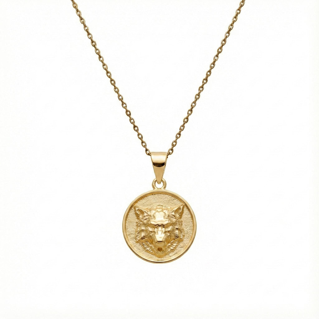 Howling Wolf Necklace - Sterling Silver Wild Spirit Medallion, in Yellow Gold Plated finish