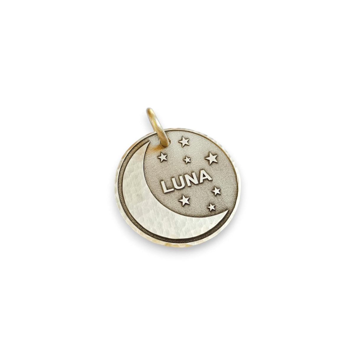 The Inscribed Lunar Token | Artisan Celestial Pet ID & Custom Engraved Moon Dog Tag, styled view