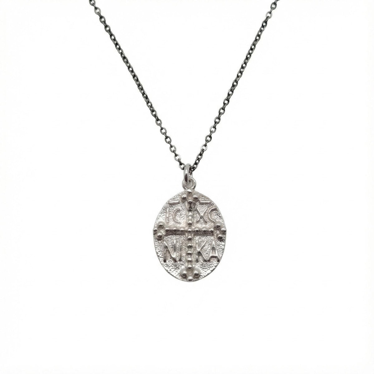 Byzantine IC XC NIKA Cross Necklace | Ancient Victory Medallion, in White Gold Plated finish