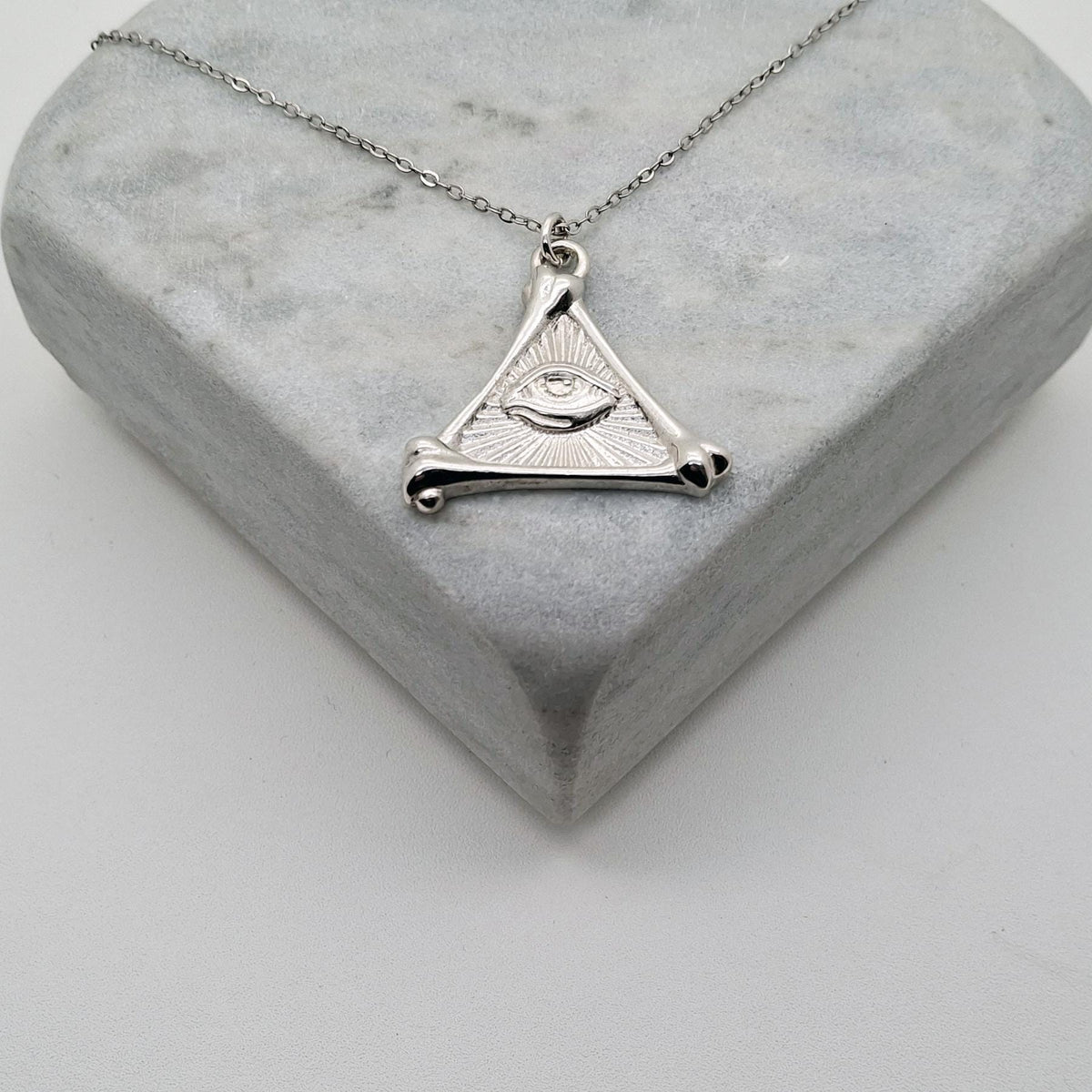 All-Seeing Eye Pendant Necklace | Sterling Silver Bone Pyramid Talisman | Esoteric Eye of Providence, front view
