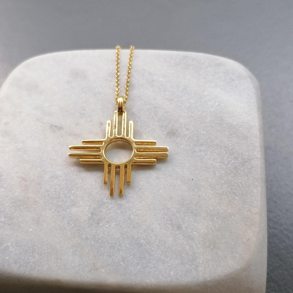 Zia Sun Necklace | Solid Gold Sacred Symbol Pendant | Southwestern Balance Talisman, styled view