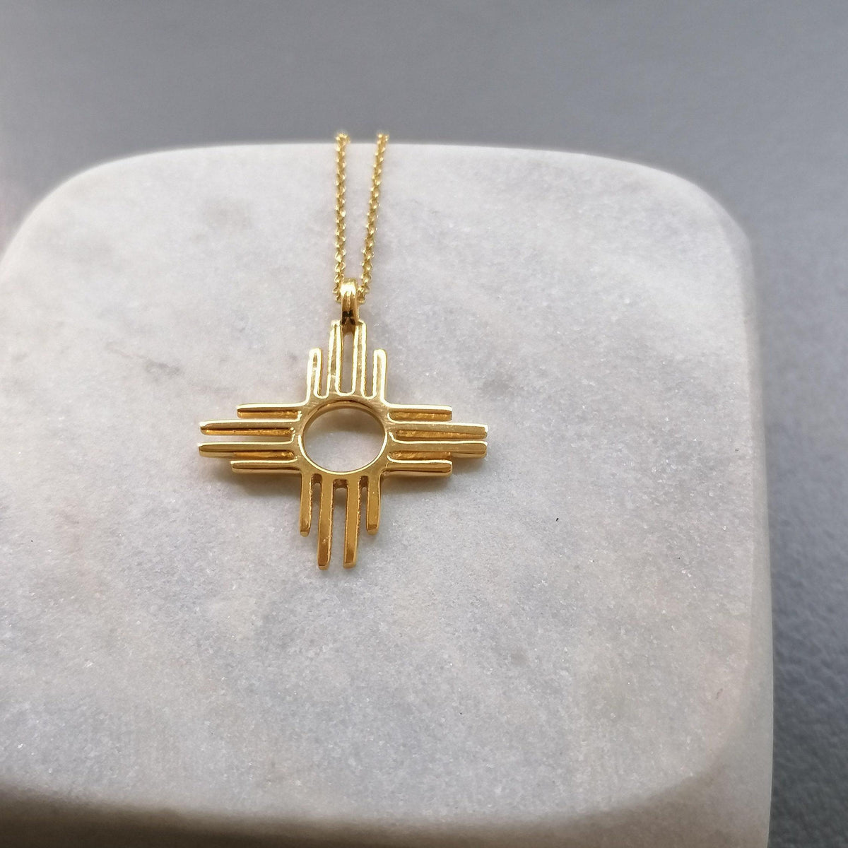 Zia Sun Necklace | Solid Gold Sacred Symbol Pendant | Southwestern Balance Talisman, styled view
