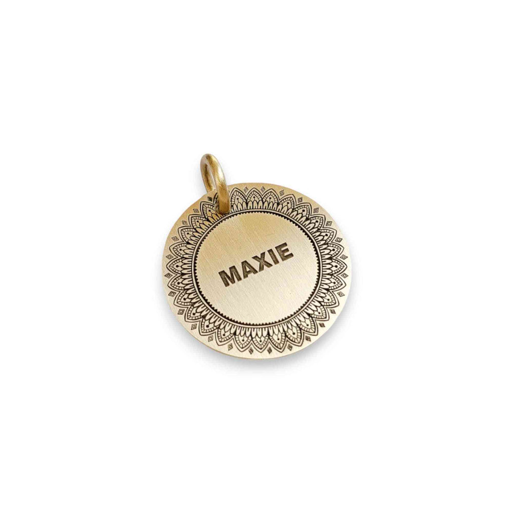 The Daisy Mandala Token | Artisan Boho Pet ID & Custom Engraved Dog Tag, front view