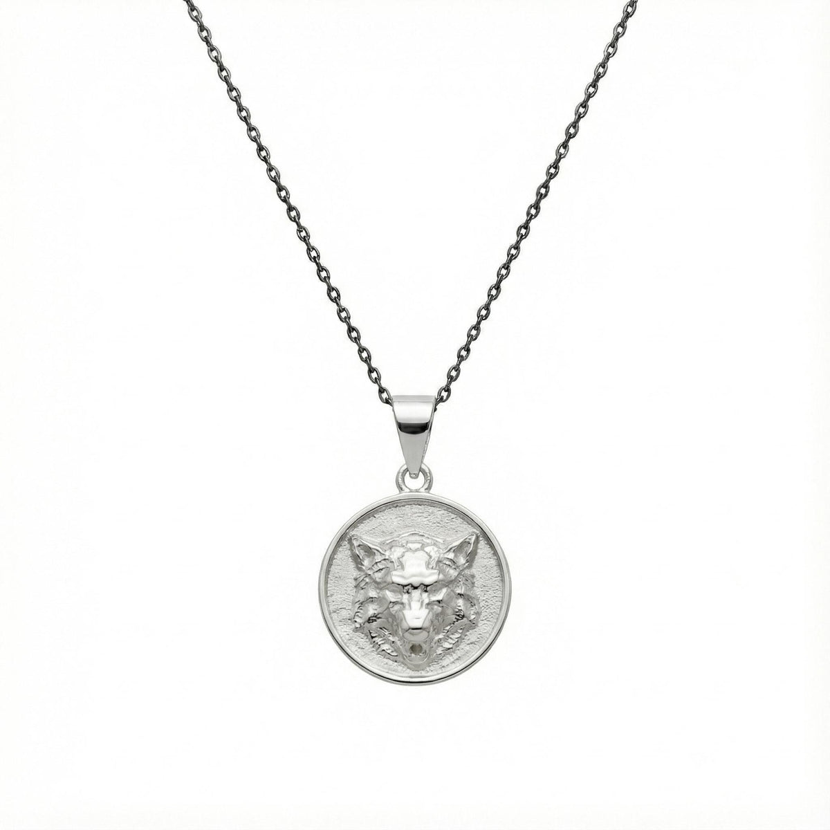 Howling Wolf Necklace - Sterling Silver Wild Spirit Medallion, in White Gold Plated finish