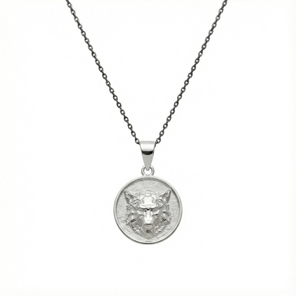 Howling Wolf Medallion necklace in oxidized sterling silver, wolf face pendant on chain