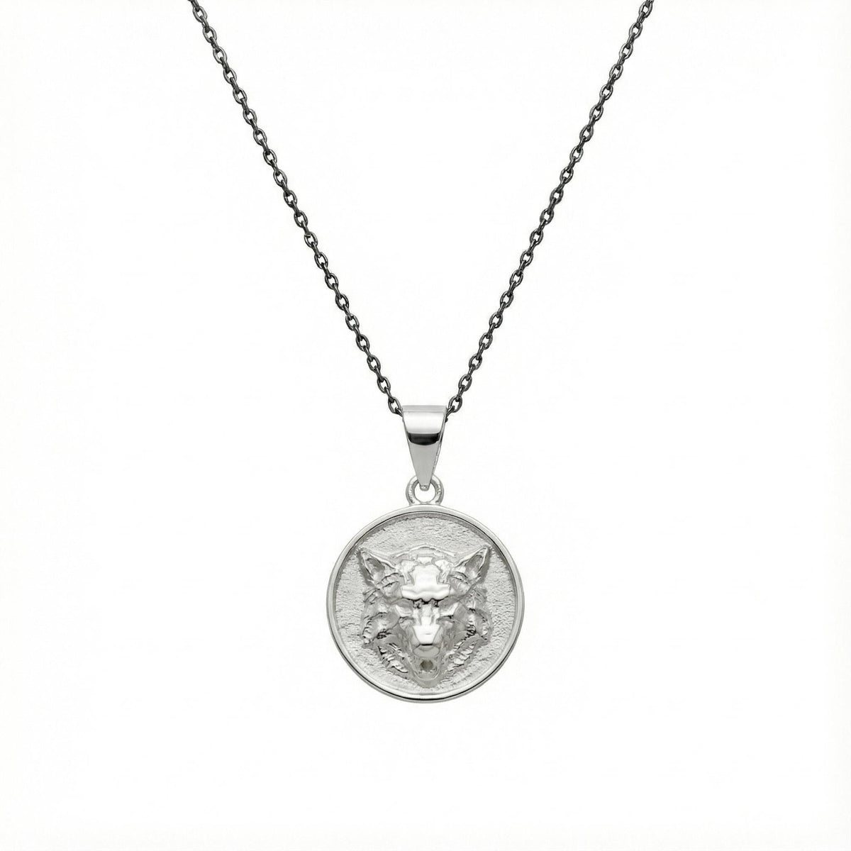 Howling Wolf Medallion necklace in oxidized sterling silver, wolf face pendant on chain