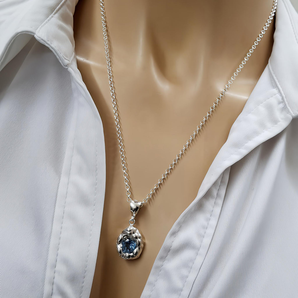 Free-Form Droplet Necklace | Light Blue CZ Talisman, close-up detail