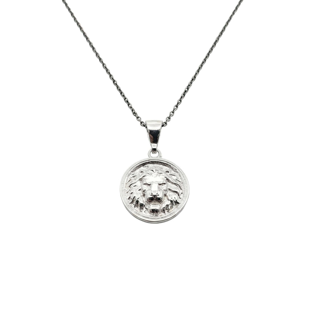 Lion Head Medallion necklace in sterling silver, sovereign lion pendant on chain