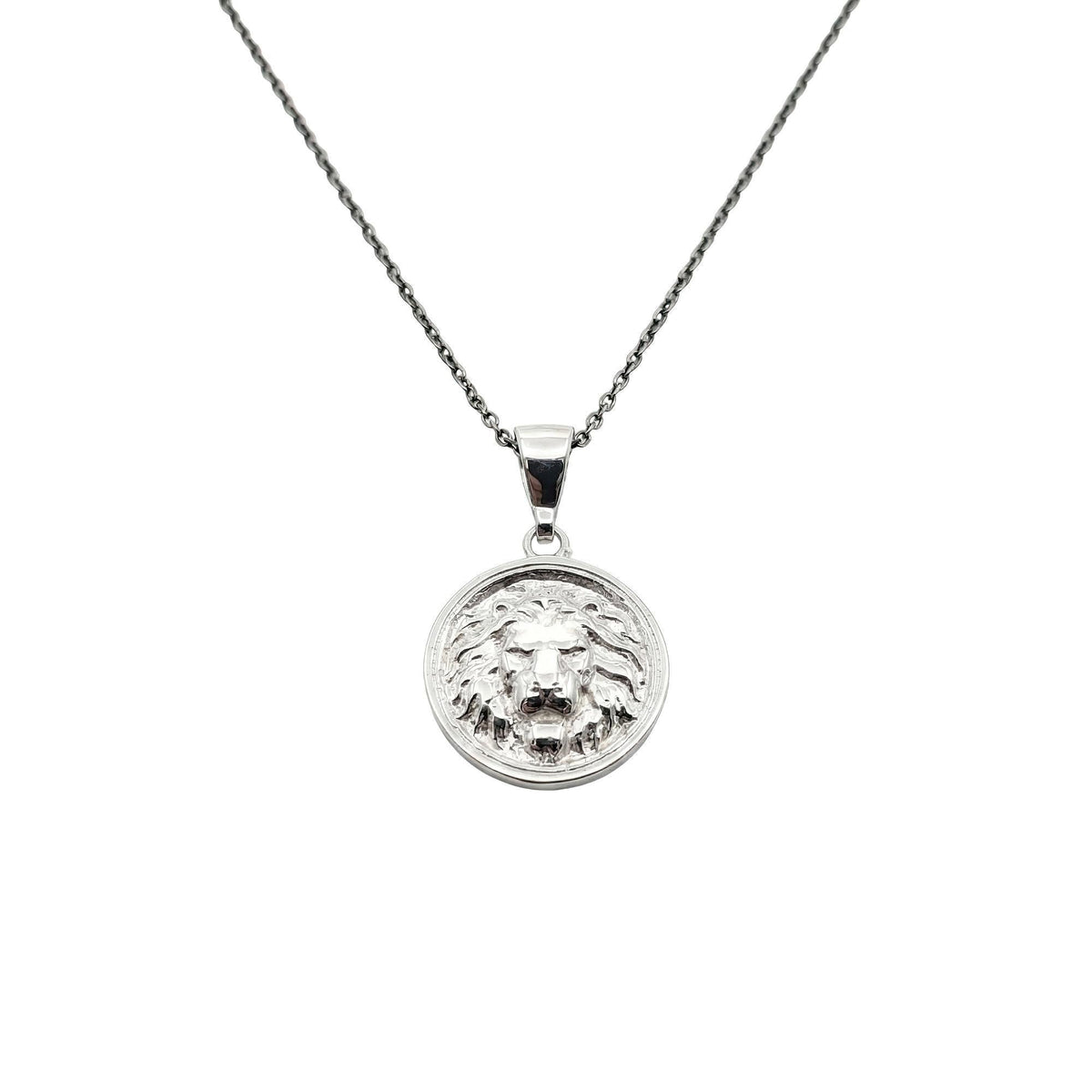 Lion Head Medallion necklace in sterling silver, sovereign lion pendant on chain