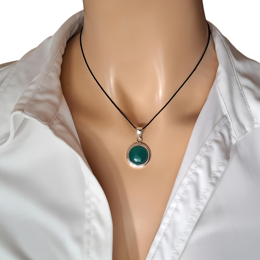 Green Agate Pendant Necklace | Sterling Silver Circle Gemstone Medallion | Heart Chakra Healing Talisman, front view