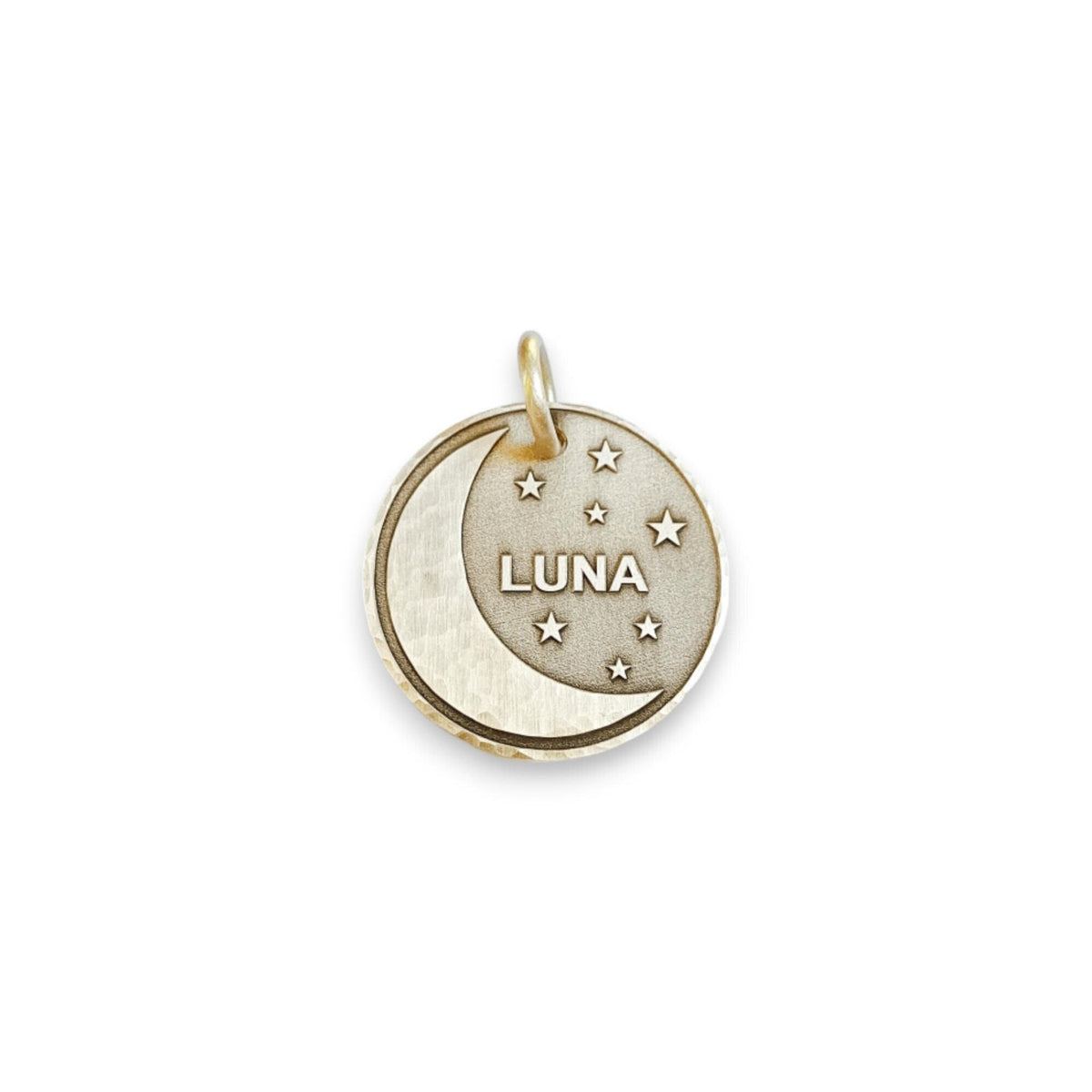 The Inscribed Lunar Token | Artisan Celestial Pet ID & Custom Engraved Moon Dog Tag, front view