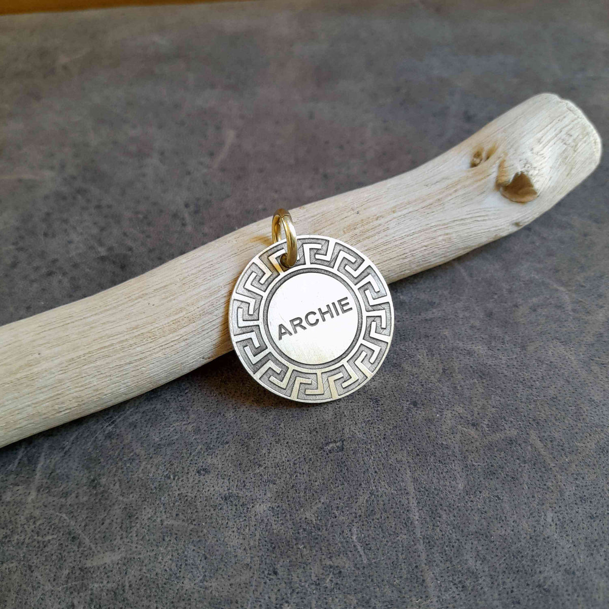 The Meander Token | Artisan Greek Key Pet ID & Custom Engraved Dog Tag, close-up detail