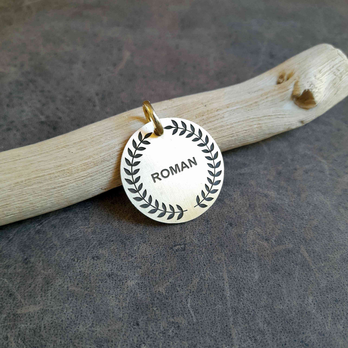 The Victor's Token | Artisan Laurel Wreath Pet ID & Custom Engraved Dog Tag, close-up detail
