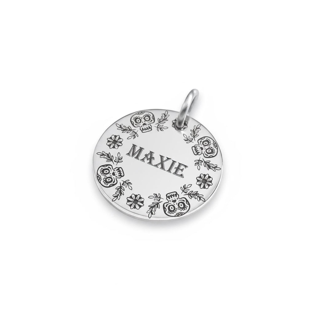 Sugar Skull Dog Tag | Custom Engraved Floral Pet ID, alternate angle