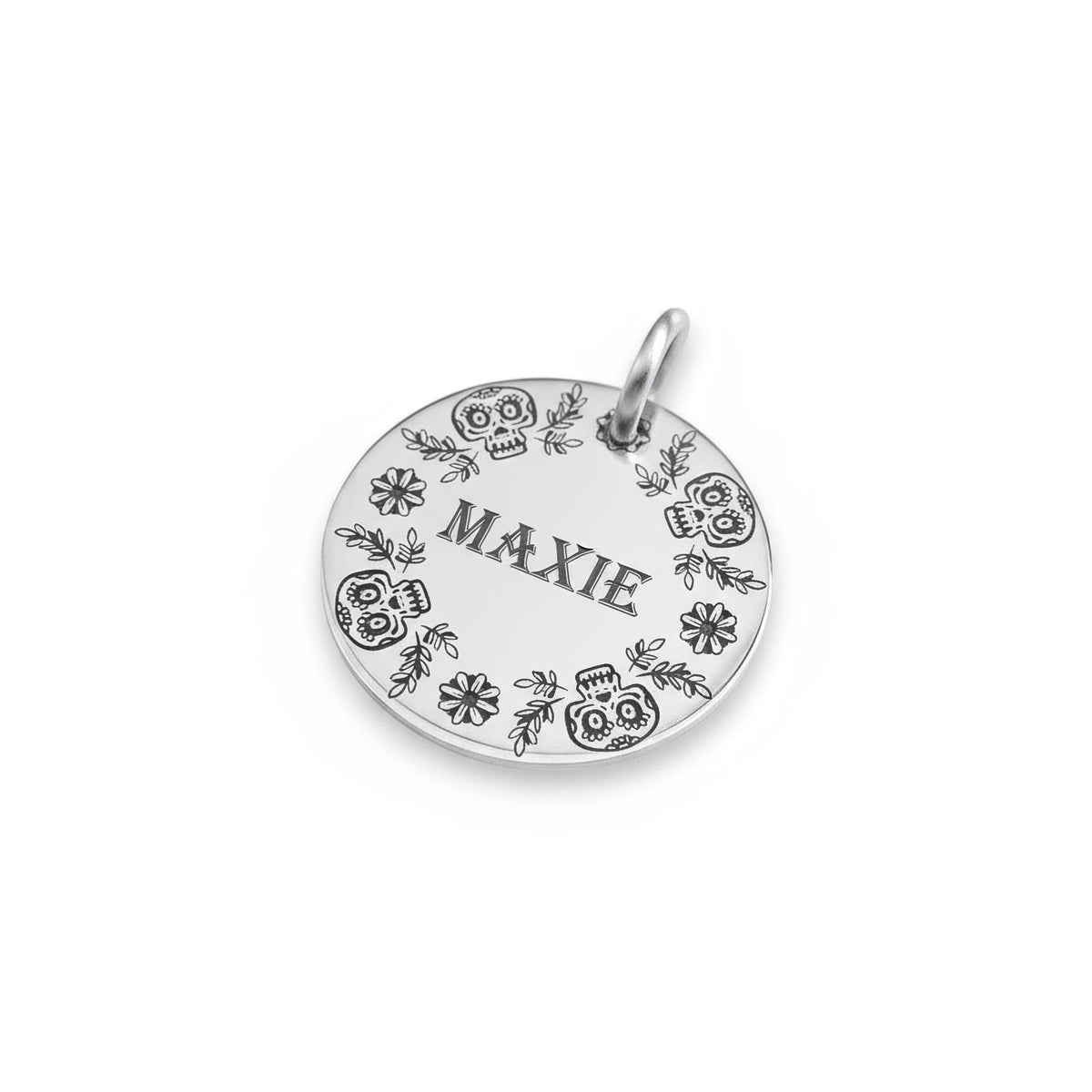 Sugar Skull Dog Tag | Custom Engraved Floral Pet ID, alternate angle