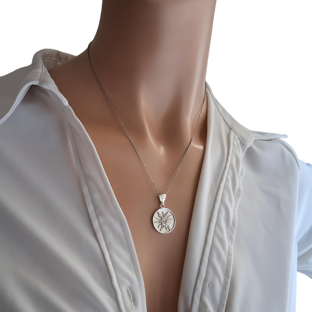 Sterling Silver Sun Necklace - Tribal Spiral Medallion Charm