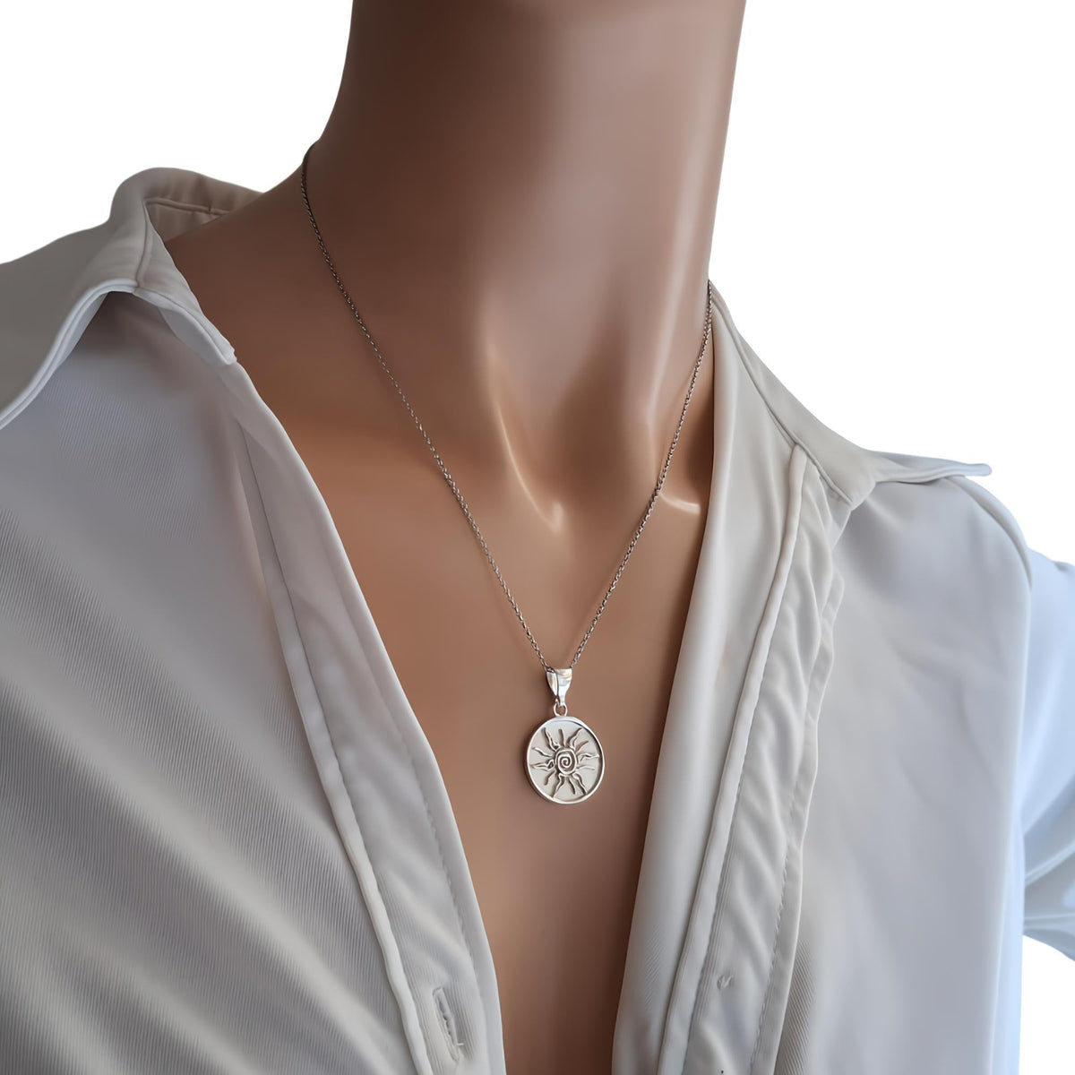 Sterling Silver Sun Necklace - Tribal Spiral Medallion Charm