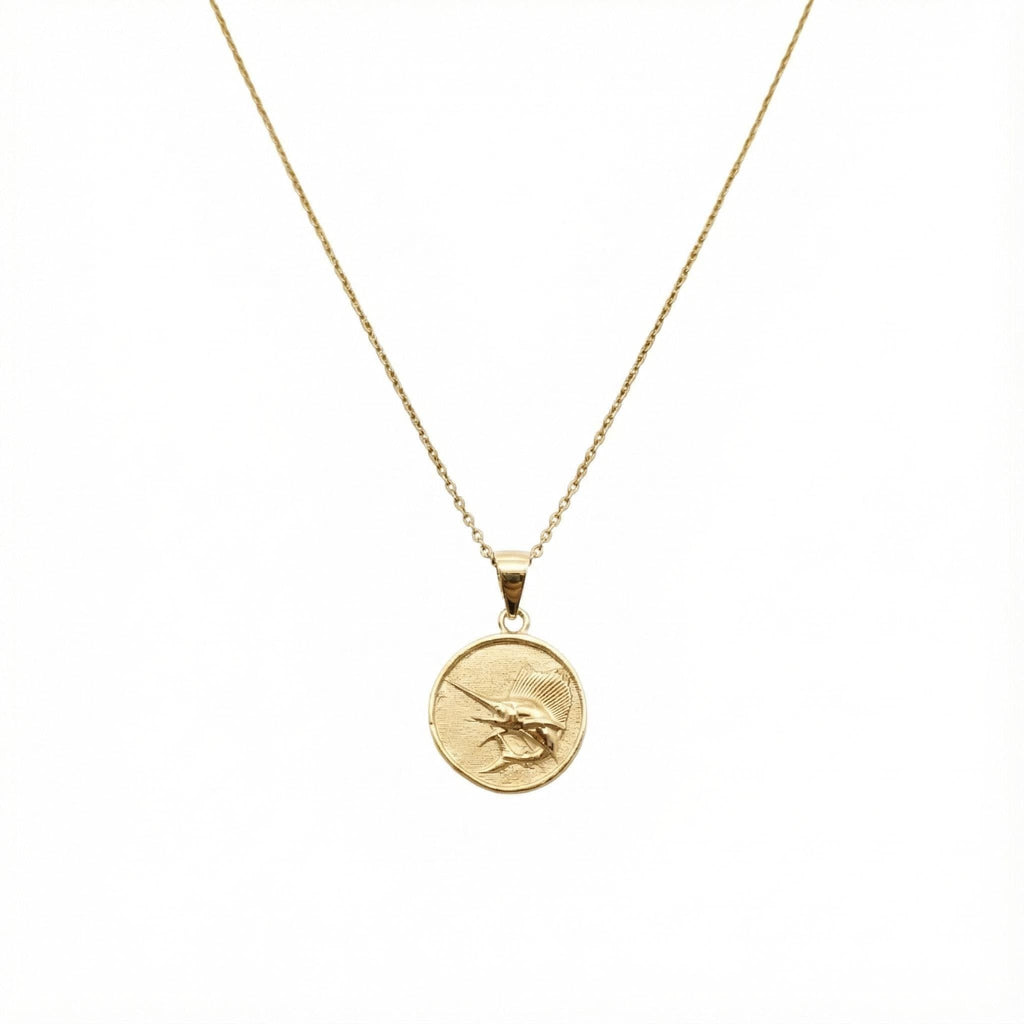 Sailfish Charm Necklace | Sterling Silver Ocean Medallion | Coastal Marlin Swordfish Pendant | Custom Engraved, in Yellow Gold Plated finish