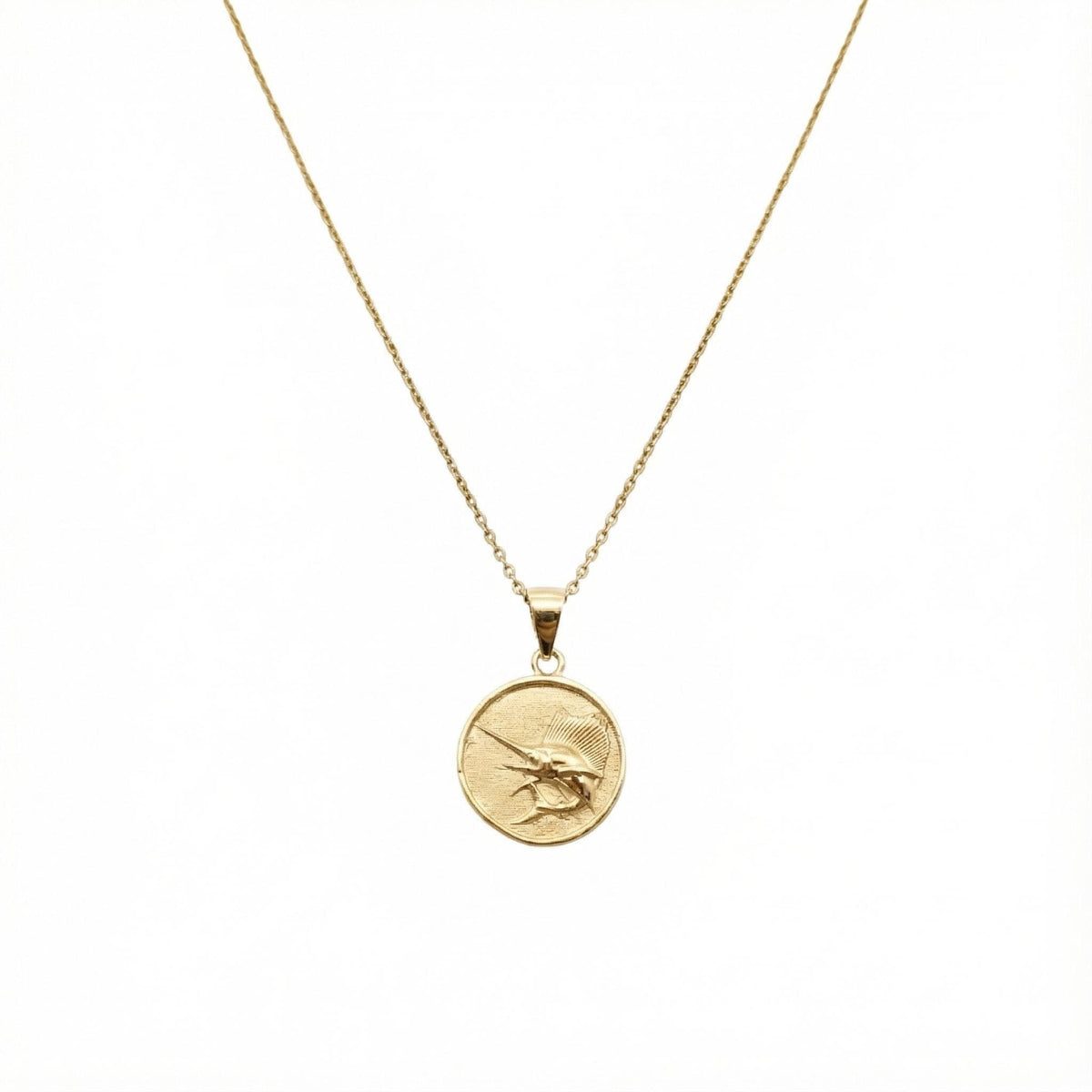 Sailfish Charm Necklace | Sterling Silver Ocean Medallion | Coastal Marlin Swordfish Pendant | Custom Engraved, in Yellow Gold Plated finish