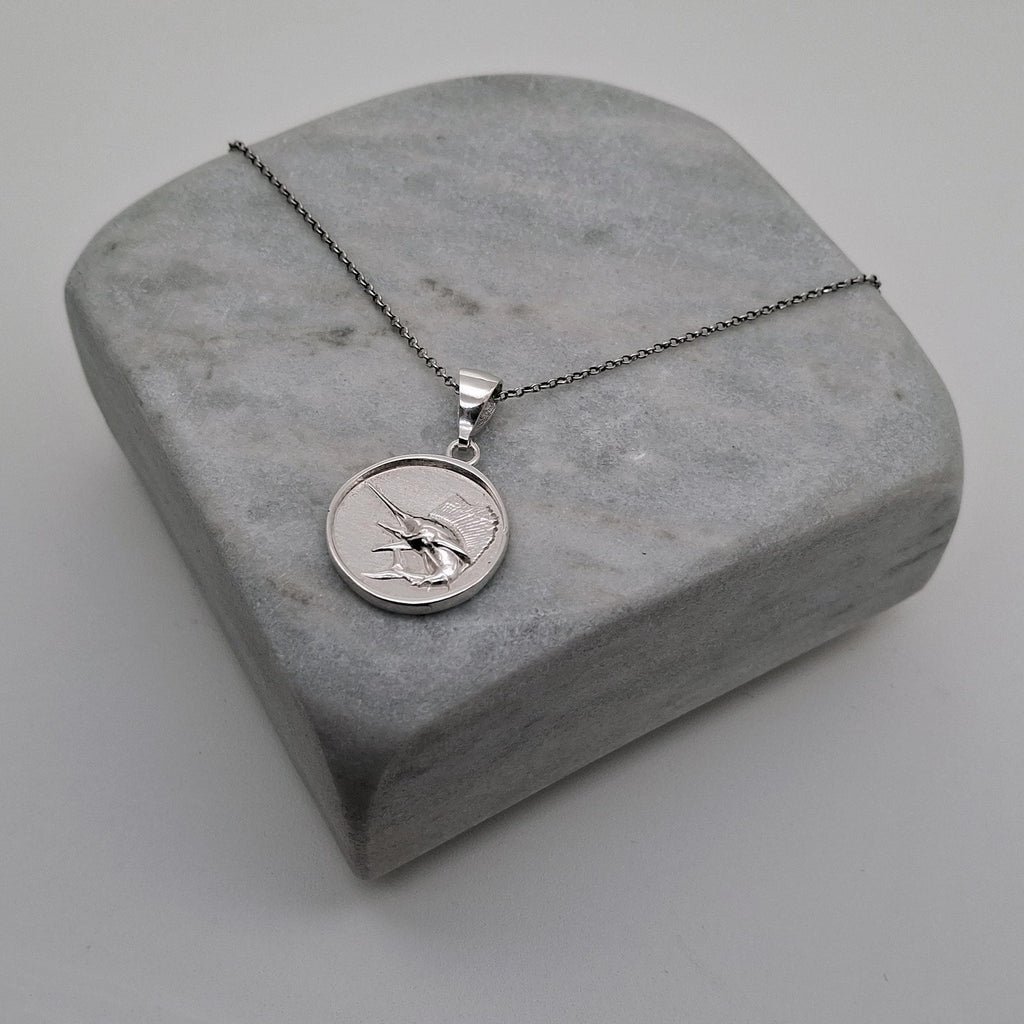 Sailfish Charm Necklace | Sterling Silver Ocean Medallion | Coastal Marlin Swordfish Pendant | Custom Engraved, close-up detail