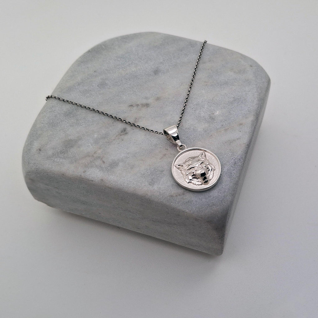 Howling Wolf Necklace - Sterling Silver Wild Spirit Medallion, close-up detail