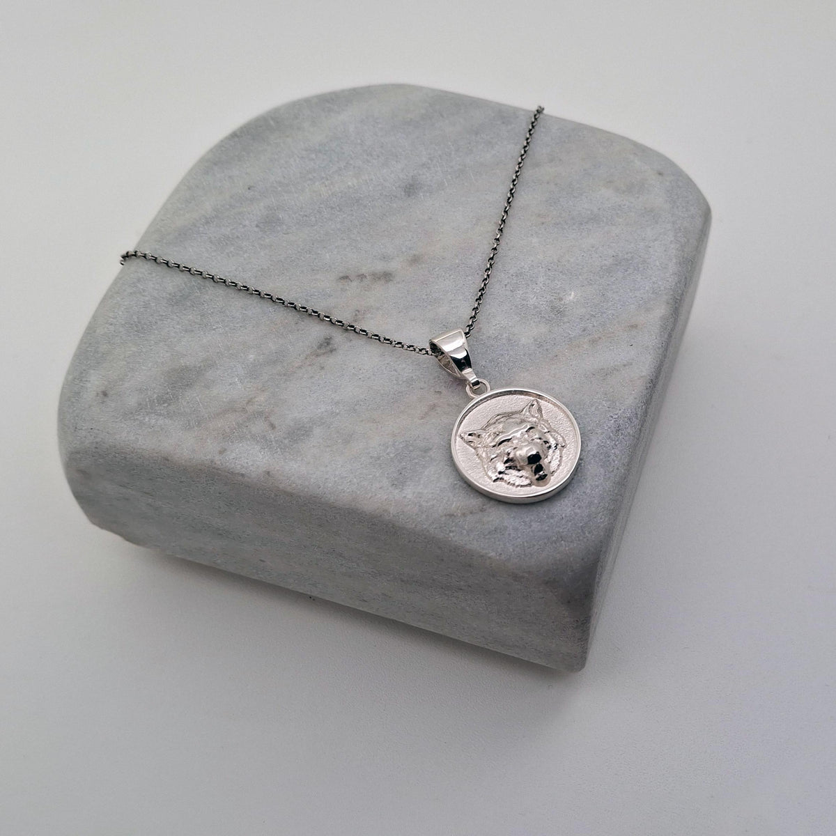 Howling Wolf Necklace - Sterling Silver Wild Spirit Medallion, close-up detail