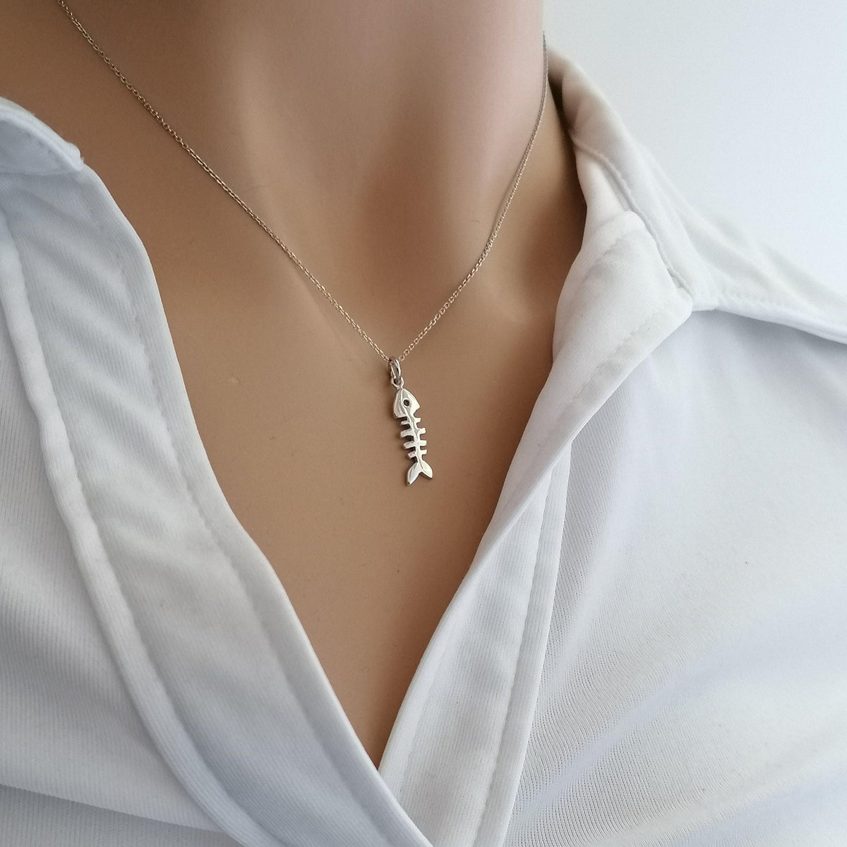 Fishbone Charm Necklace | Playful Nautical Talisman, front view
