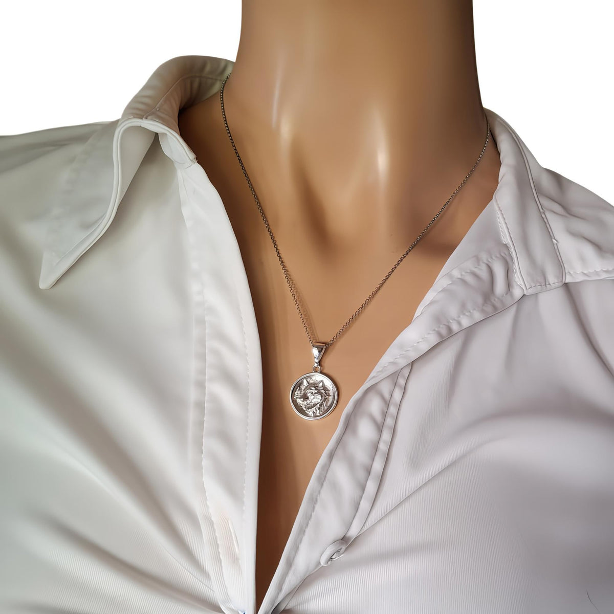 Nordic Wolf Charm Necklace | Sterling Silver Spirit Animal Medallion | Custom Engraved Wolf Pendant, styled view