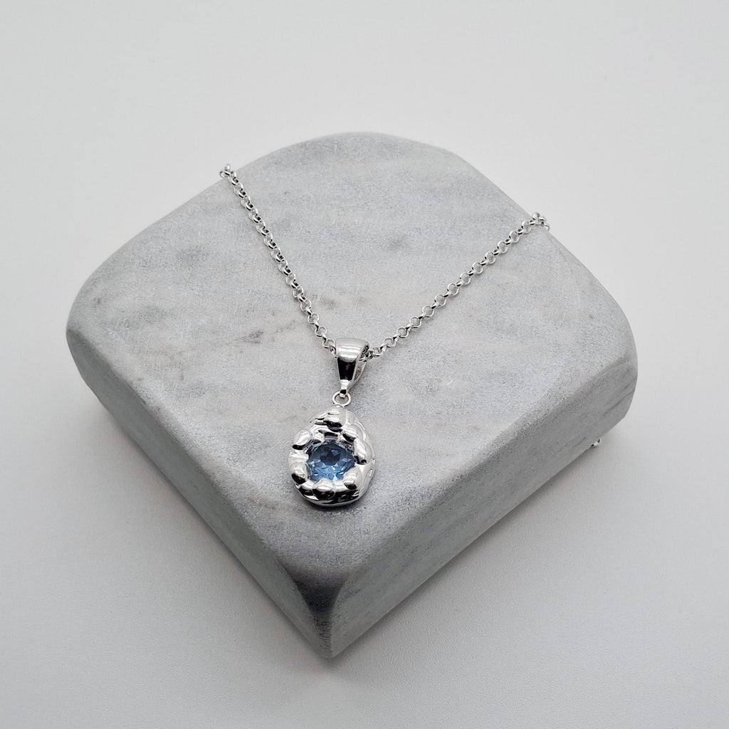Free-Form Droplet Necklace | Light Blue CZ Talisman, alternate angle